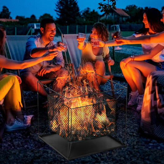 Outsunny Square Fire Pit with Poker, Portable Wood Burning Firebowl for Backyard, Patio, Black 