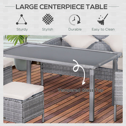 Garden Outdoor 5 PCs Patio Rattan Corner Dining Set 6 Seater Wicker Sofa, Foot Stool, Dining Table with White Cushions - Mixed Grey