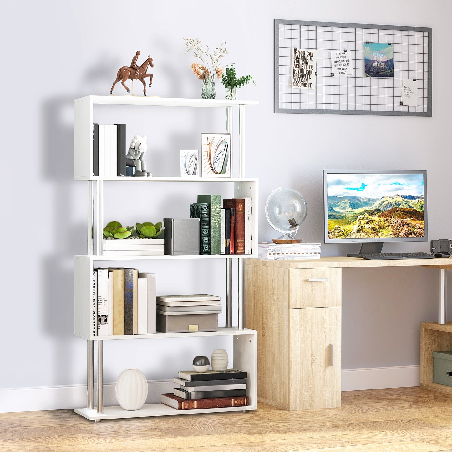 Wooden S Shape Storage Unit White Bookcase Wall Shelves-White