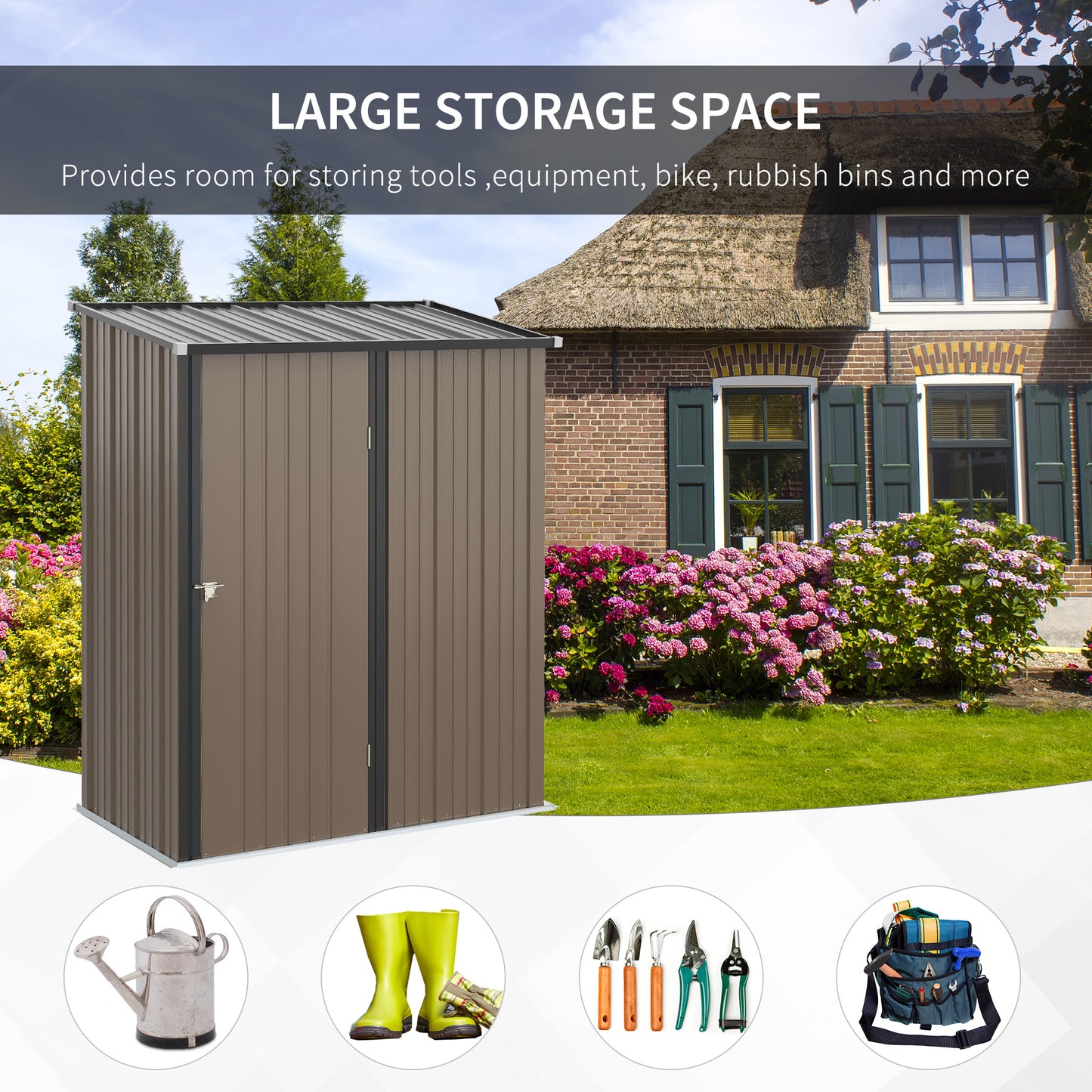 5.3ft× 3.1ft Outdoor Storage Shed, Steel Garden Shed w/ Single Lockable Door, Tool Storage Shed Brown