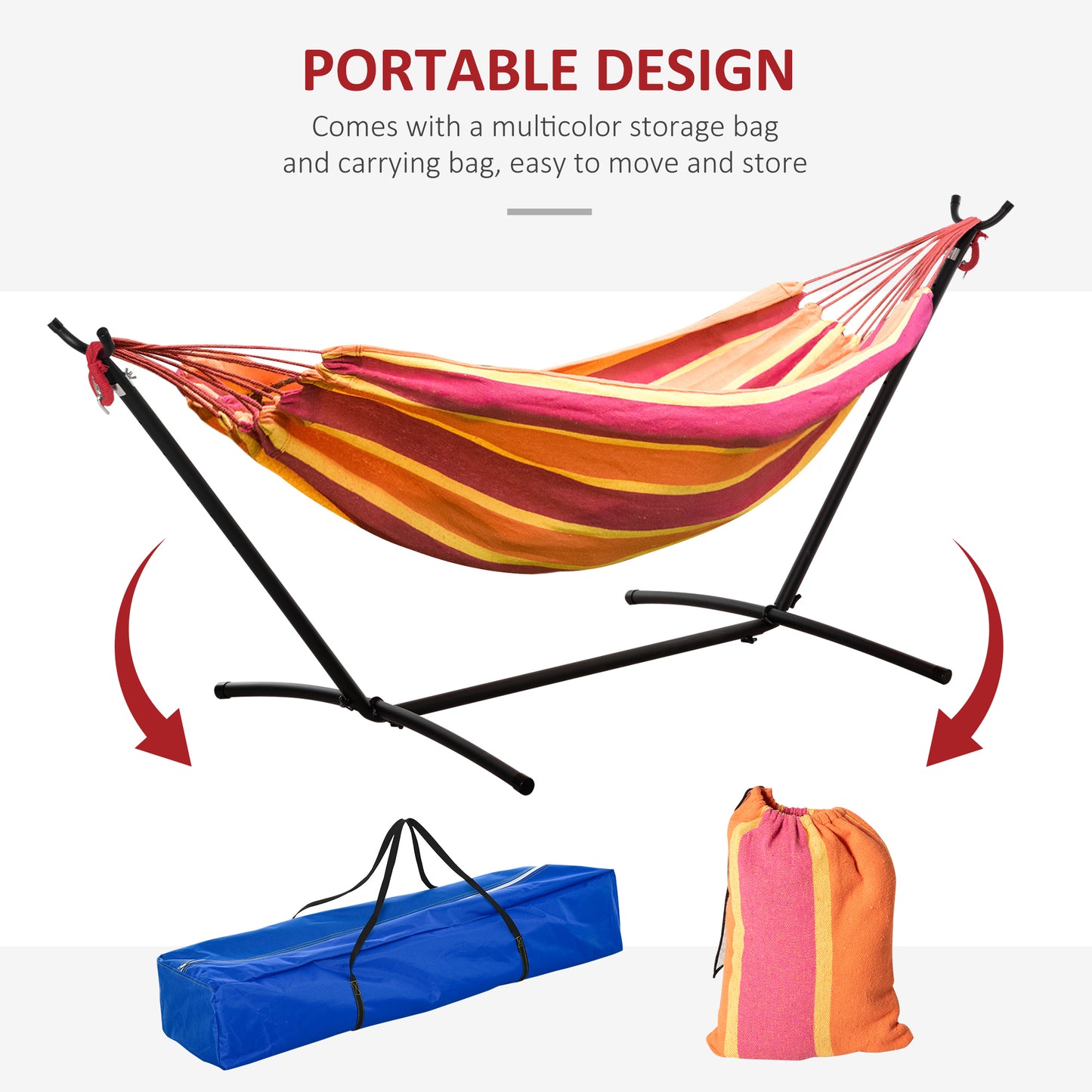 277 x 121cm Hammock with Stand Camping Hammock with Portable Carrying Bag, Adjustable Height, 120kg, Red Stripe