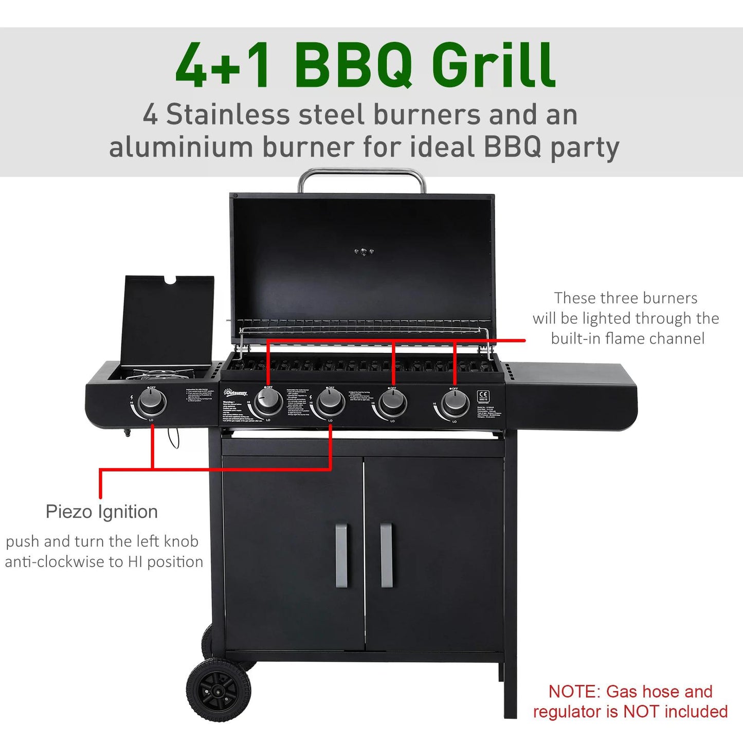 4+1 Gas BBQ Grill with Wheels, Steel-Black