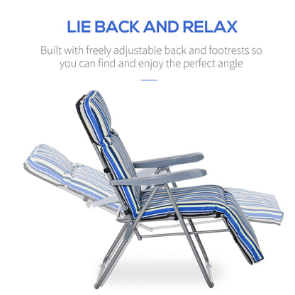 Set of 2 Garden Sun Lounger Outdoor Reclining Seat Cushioned Seat Foldable Adjustable Recliner Blue and White