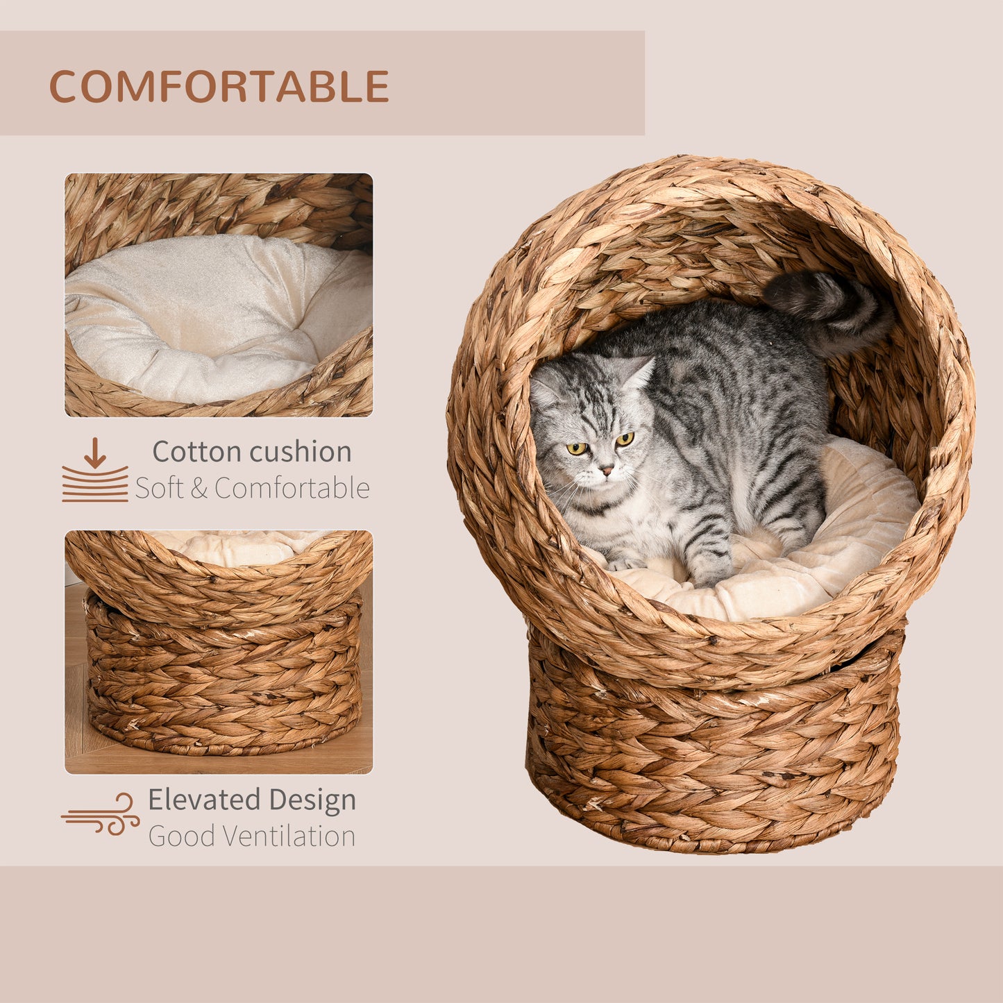 Cat Basket, Woven Banana Leaf Elevated Basket Bed w/ Cushion Brown