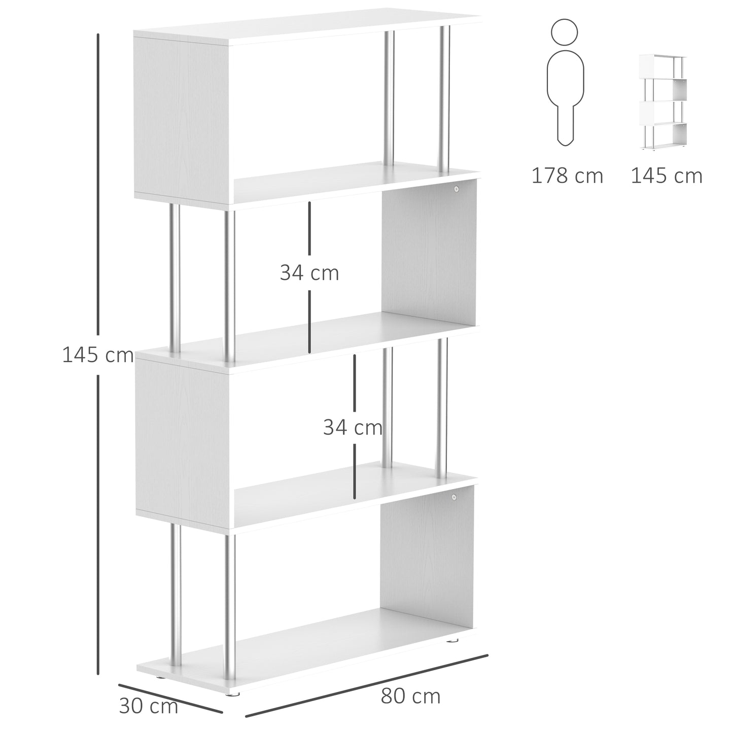 Wooden S Shape Storage Unit White Bookcase Wall Shelves-White