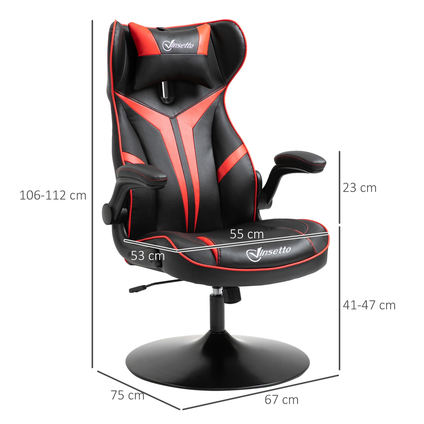 Black Red Gaming Chair, Faux Leather with Flip-up Armrests, 360° Swivel Base, Headrest, Red