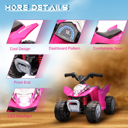 AIYAPLAY Honda Licensed Kids Quad Bike, 6V Electric Ride on Car ATV Toy with LED Light Horn for 1.5-3 Years, Pink