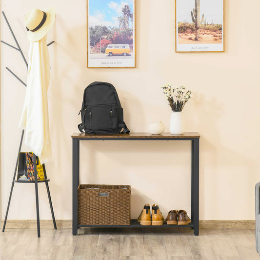 HOMCOM Console Table Veneer Top w/ Mesh Shelf Rectangular Adjustable Feet Metal Frame MDF Brown Black  