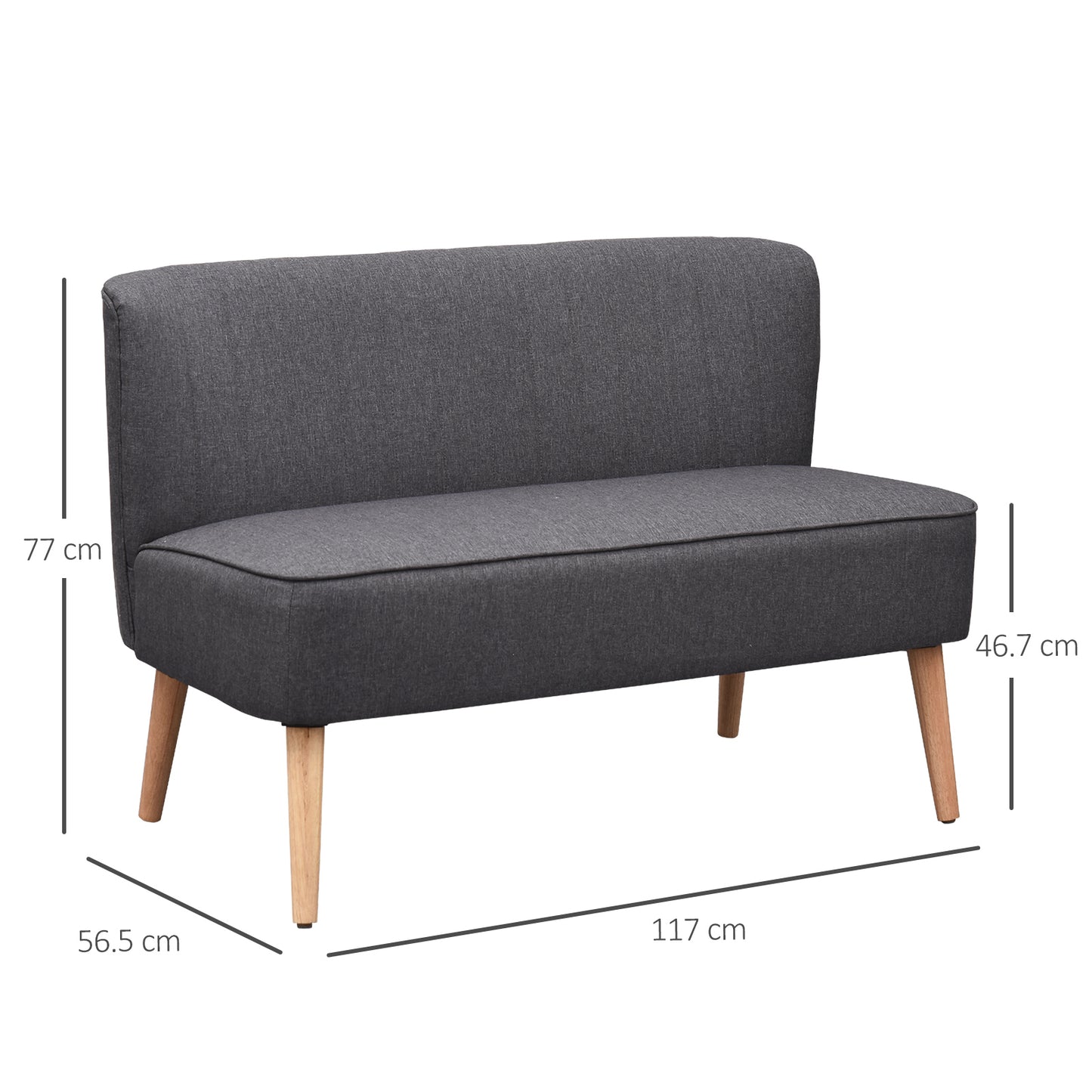 2-seater Loveseat, Armless, Double Seat, Padded Linen Wood Leg Dark Grey