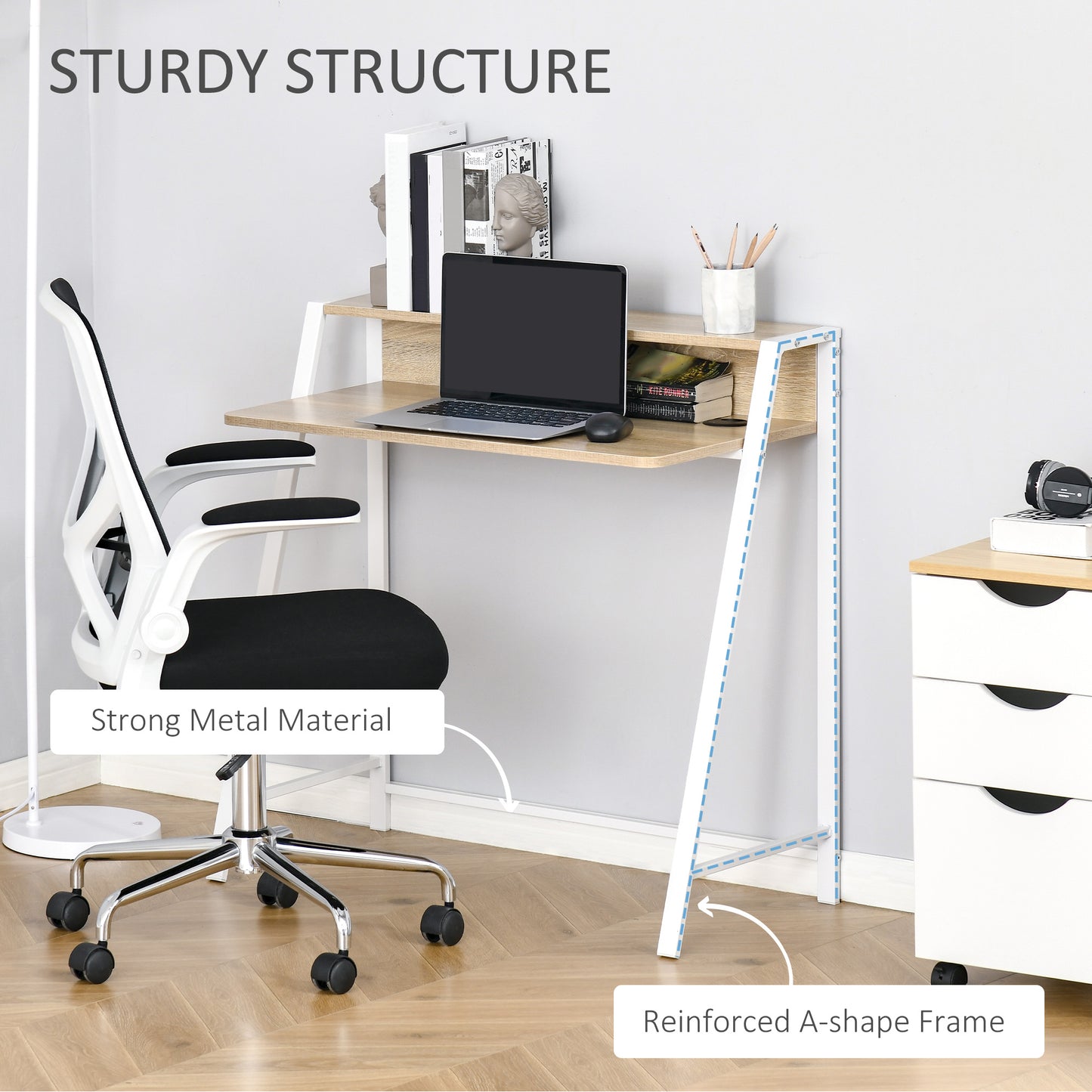 Homcom Writing Desk Computer Table Home Office Pc Laptop Workstation Storage Shelf  Office Desk Study Desks Work From Home-White & Oak