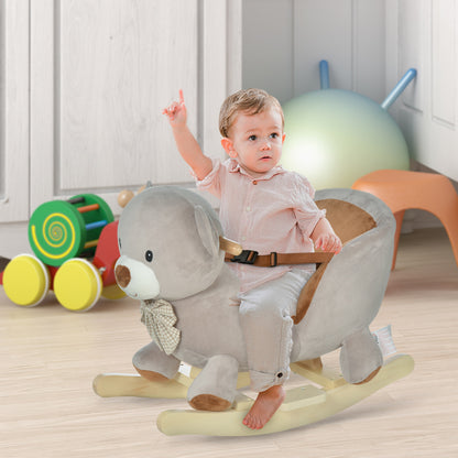 HOMCOM Wooden Cocking Horse, Toddlers Plush Bear Rocking Horse Grey