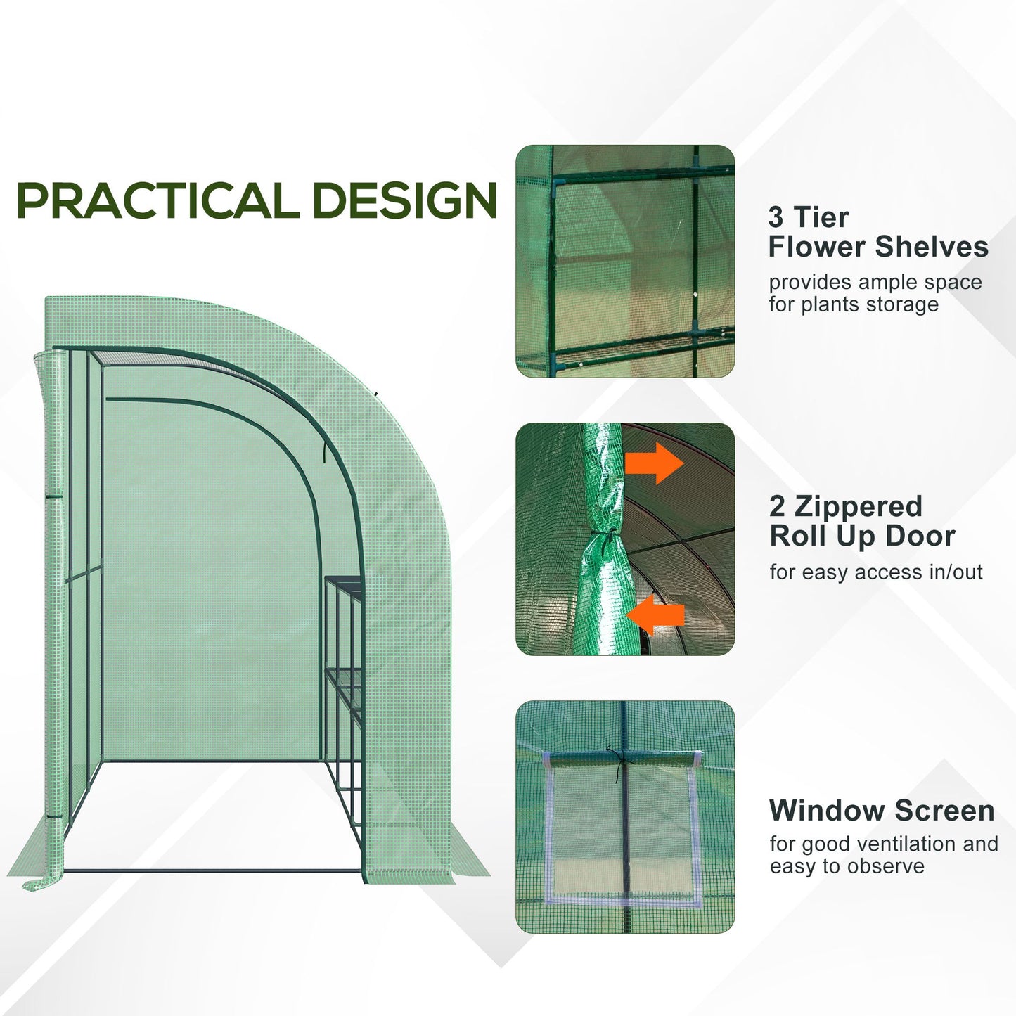 Walk-In Lean to Wall Greenhouse with Windows and Doors 2 Tiers 6 Wired Shelves 300L x 150W x 213Hcm Green