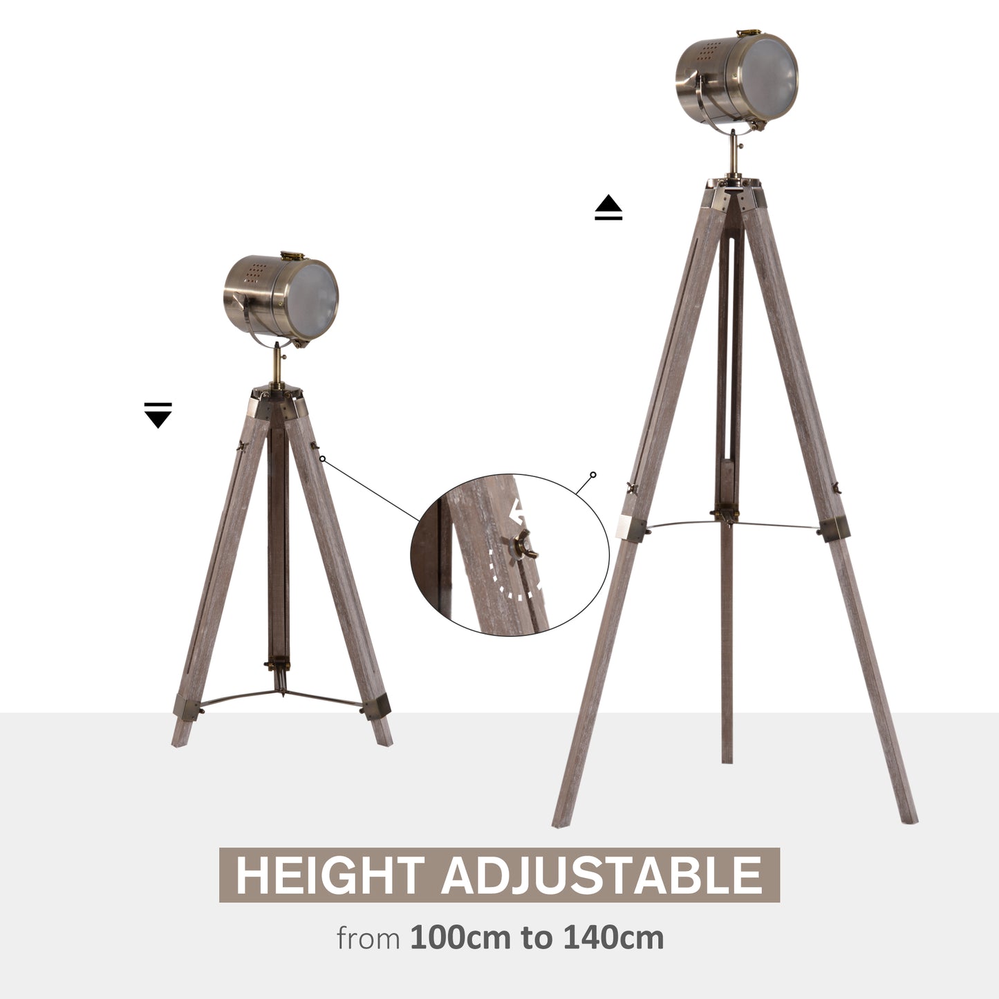 Floor Spotlight, Tripod Floor Lamp, Pine Dark Wood, Retro Photography Style Lamp Head Copper Finished Shade Home