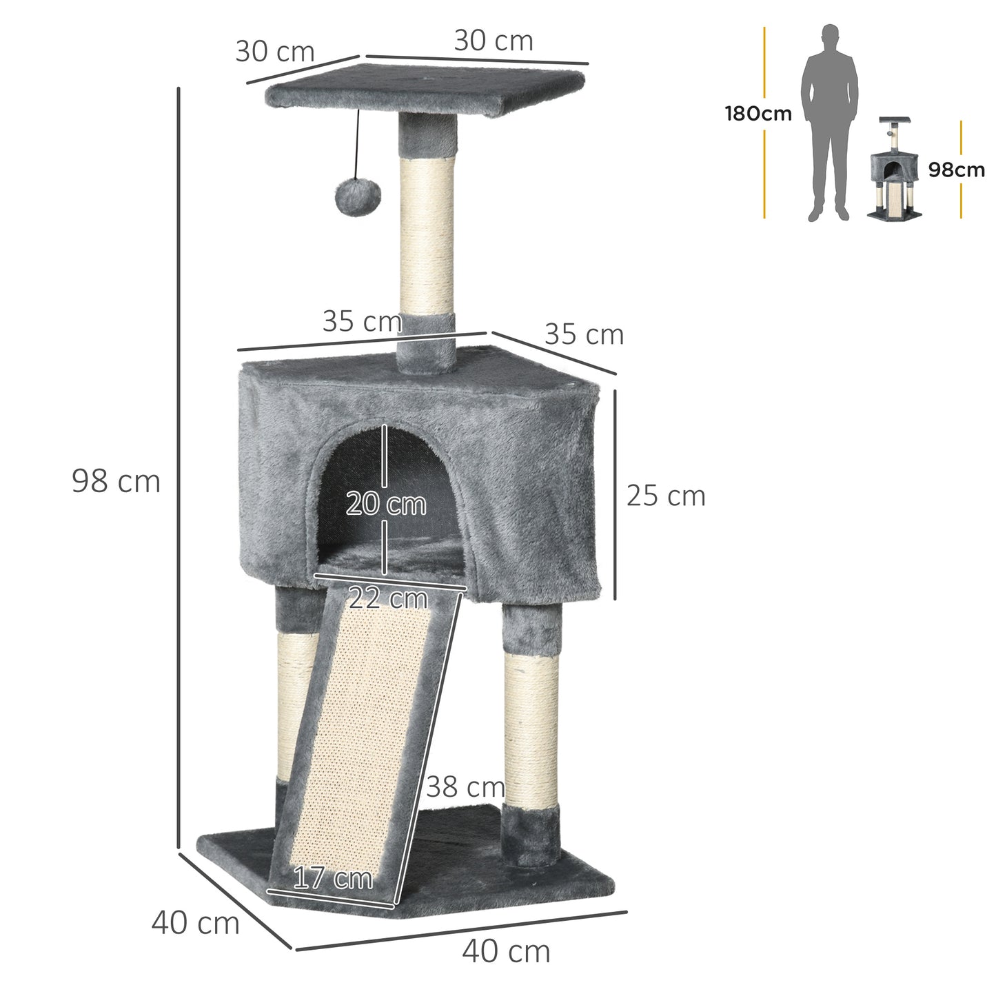 Cat Tower, Cat Stand, Cat Tree for Kitten, w/ Scratching Post, Cat Cando, Hanging Ball, Soft Touch, 98cm Grey