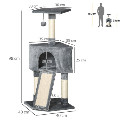 Cat Tower, Cat Stand, Cat Tree for Kitten, w/ Scratching Post, Cat Cando, Hanging Ball, Soft Touch, 98cm Grey