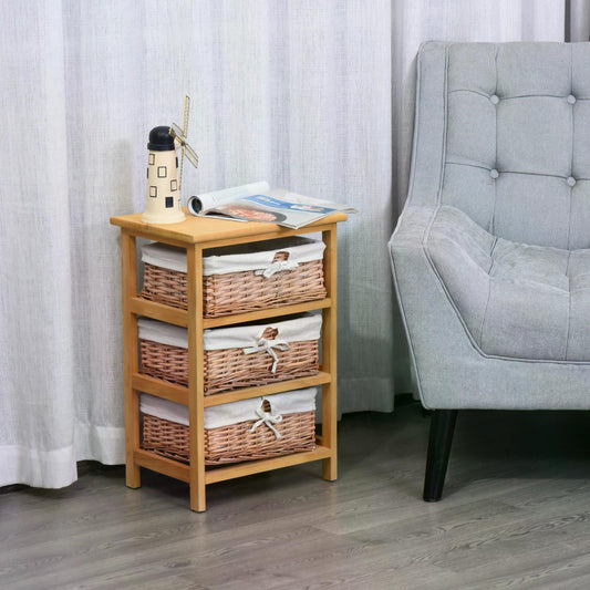 HOMCOM Wicker Basket Storage Side Table with 3 Baskets for Living Room Bathroom Bedroom Brown 