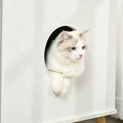 Cat Cave, Cat Litter Box, Wooden Side Table, Enclosure Washroom House Wooden Cabinet Indoor W/ 2 Magnetic Door White