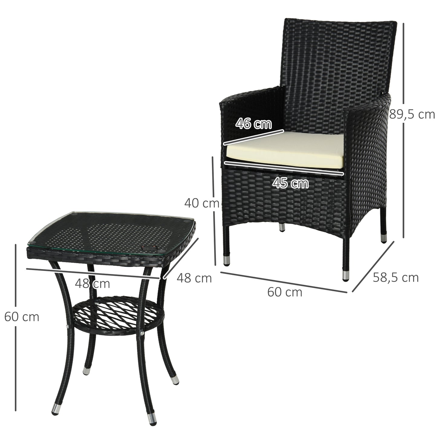 3 Pcs Garden Rattan Bistro Set Weave Companion Chair Table Conservatory-Black