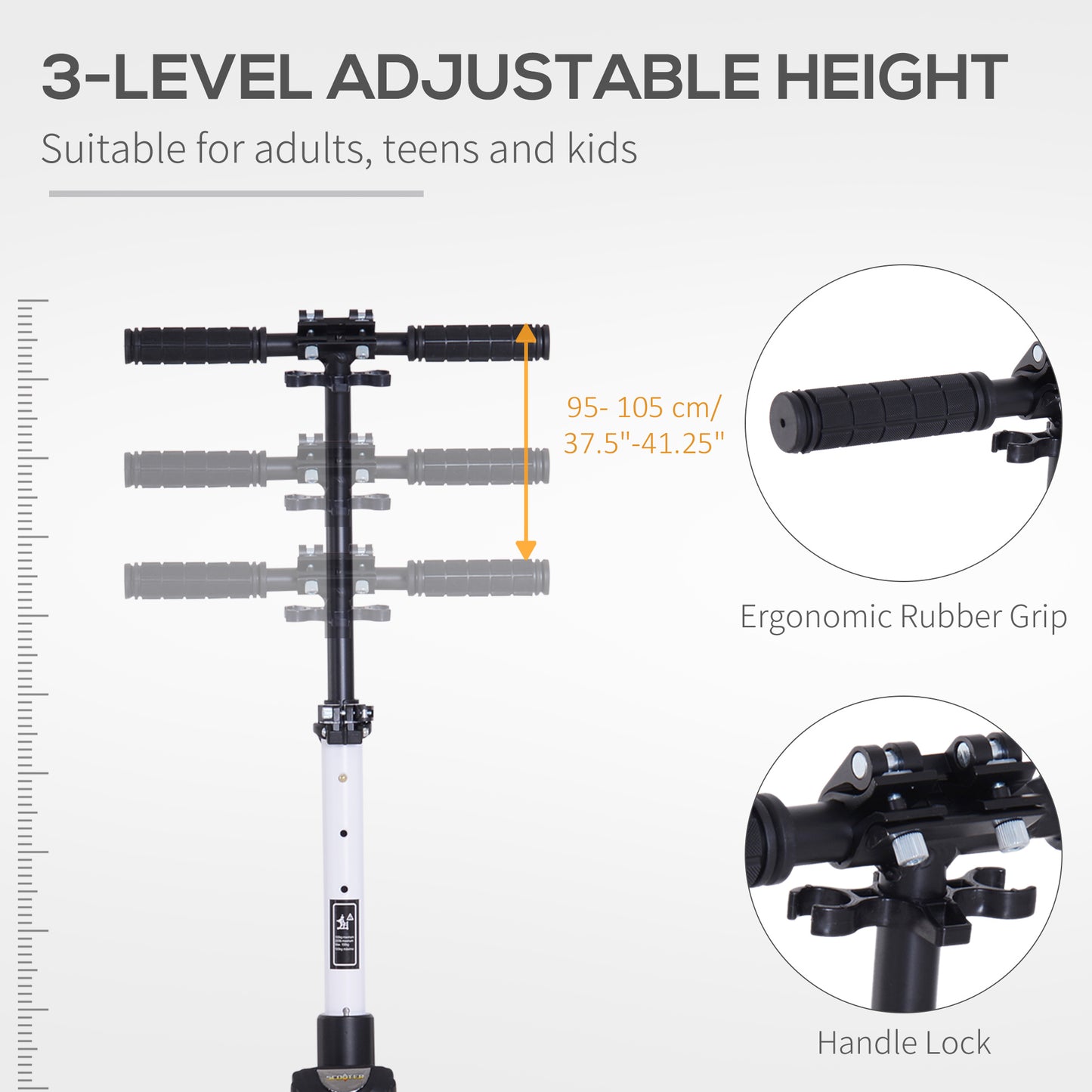 Foldable Kick Scooter, Adjustable Height, 93.5L x 38W x 95-105Hcm-White