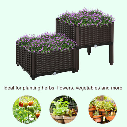 PP Set Of 2 Raised Outdoor Garden Planter Box Brown