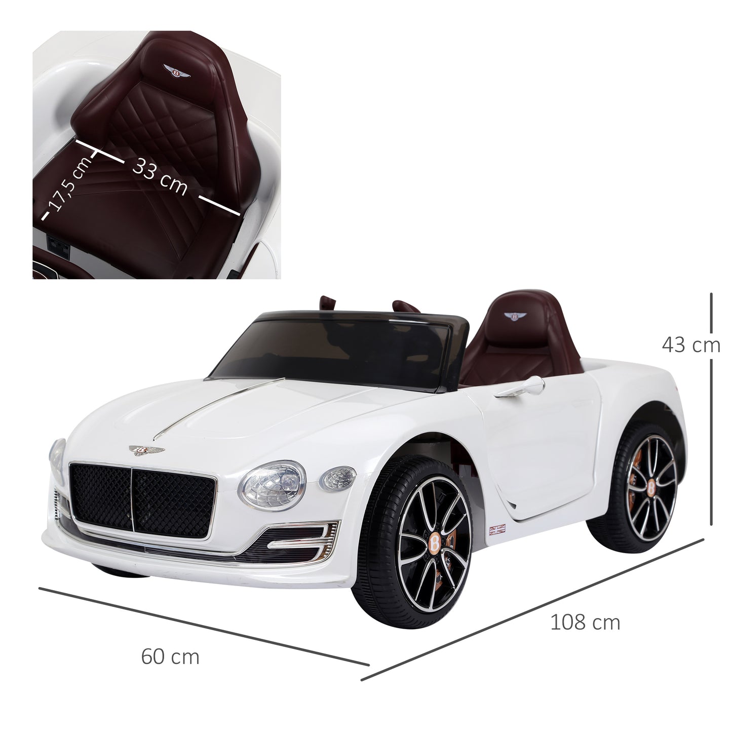 Kids Electric Ride on Car Bentley Licensed 12V Children Twin Motors with Lights Music Parental Remote Control-White  Aosom IE