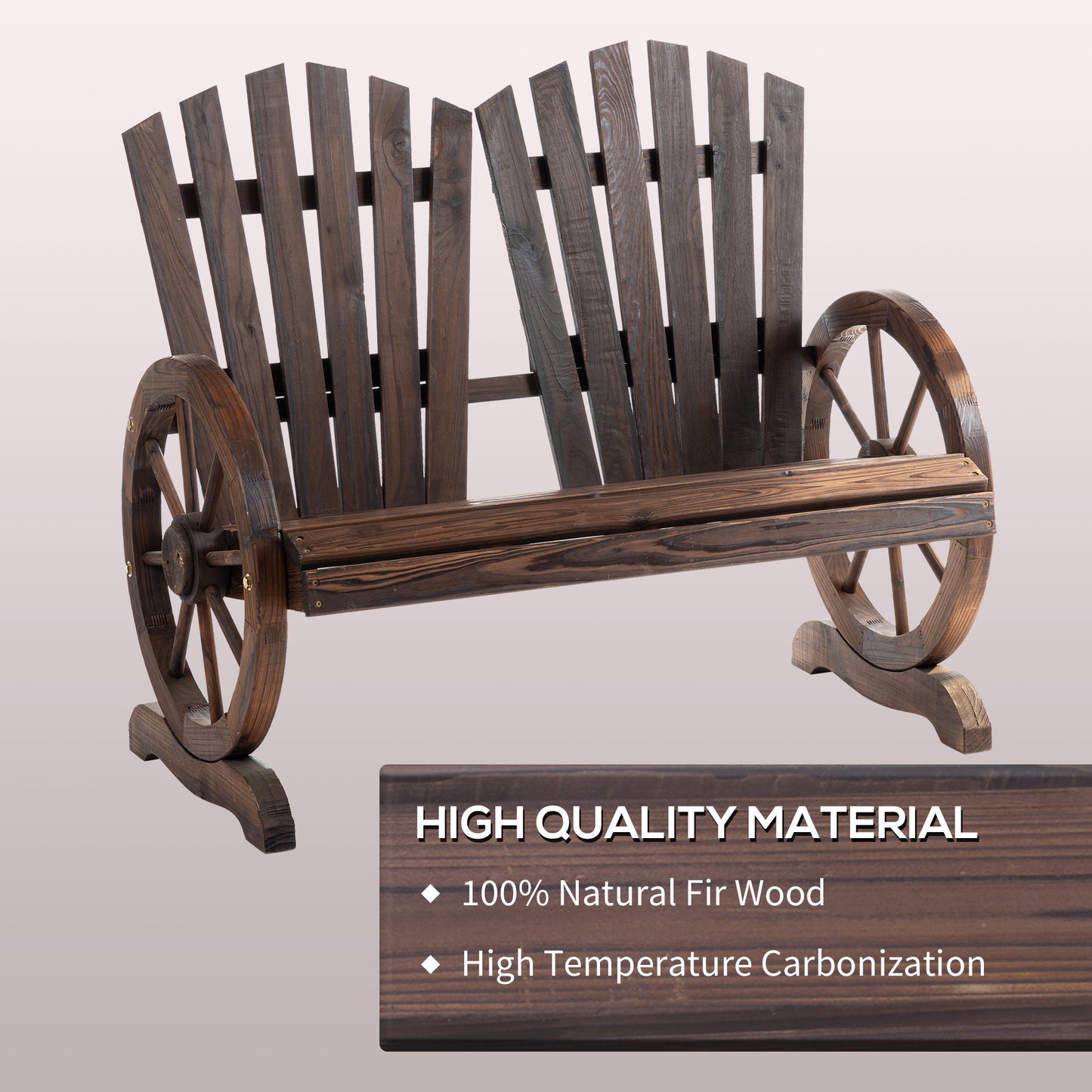 Comfortable Fir Logs Love Chair with Wheel-Shaped Armrests, Outdoor Wooden Loveseats, Carbonized color