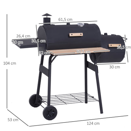 Portable Charcoal BBQ Grill, Cold-rolled Steel, Solid Wood, 124Lx53Wx108H cm-Black