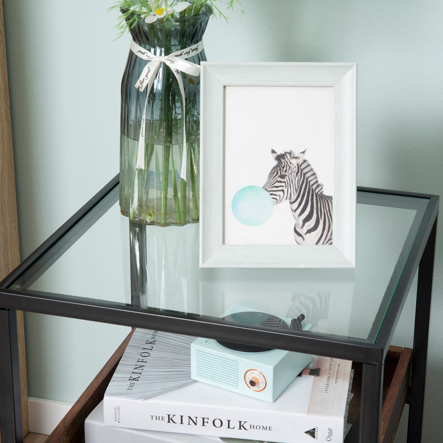 Glass Top Side Table, Industrial, with Storage Shelves, with Steel Frame for Living Room Rustic Brown