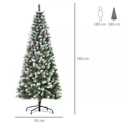 6FT Slim Christmas Tree, with Red Berries and Pinecones Holiday Home Indoor Decoration with Foldable Feet