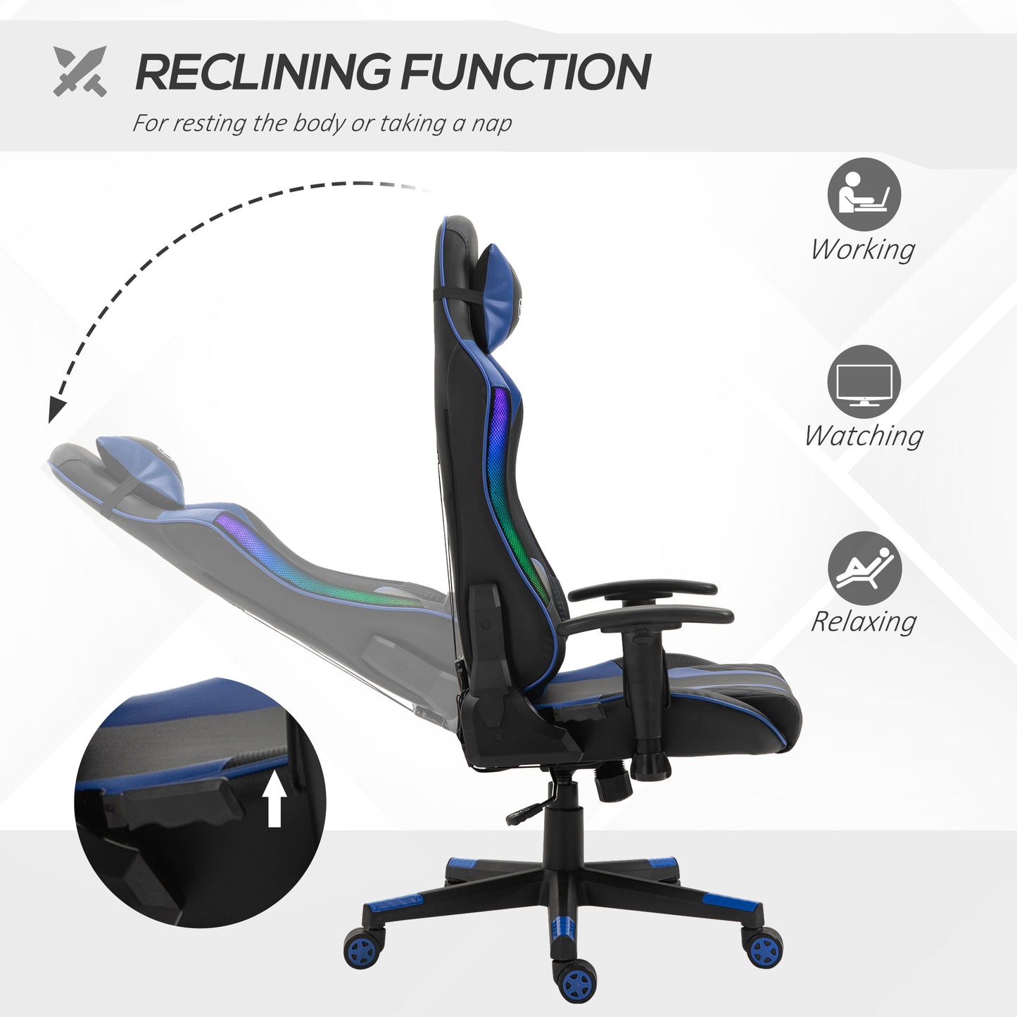 Gaming Chair with Led Lights, Lumbar Support, Swivel Home Office Computer Recliner High Back Gamer Desk Chair, Black Blue