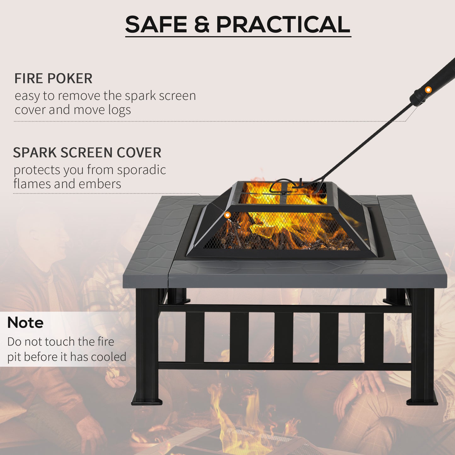 Patio Fire Pit, Square Metal Fire Pit With Waterproof Cover-Black/Grey