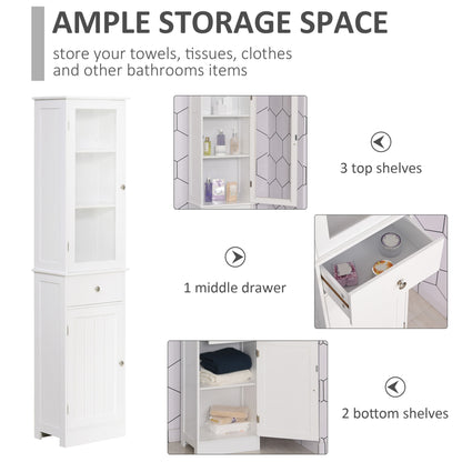 kleankin Bathroom Storage Cabinet with 3-tier Shelf Drawer Glass Door, Floor Cabinet Free Standing Tall Slim Side Organizer Shelves