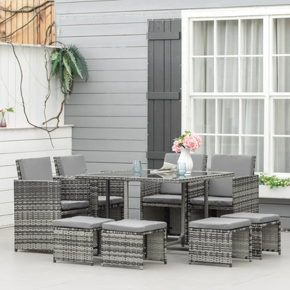 Outsunny 9PC Rattan Garden Furniture Outdoor Patio Dining Table Set Weave Wicker 8 Seater Stool Mixed Grey 