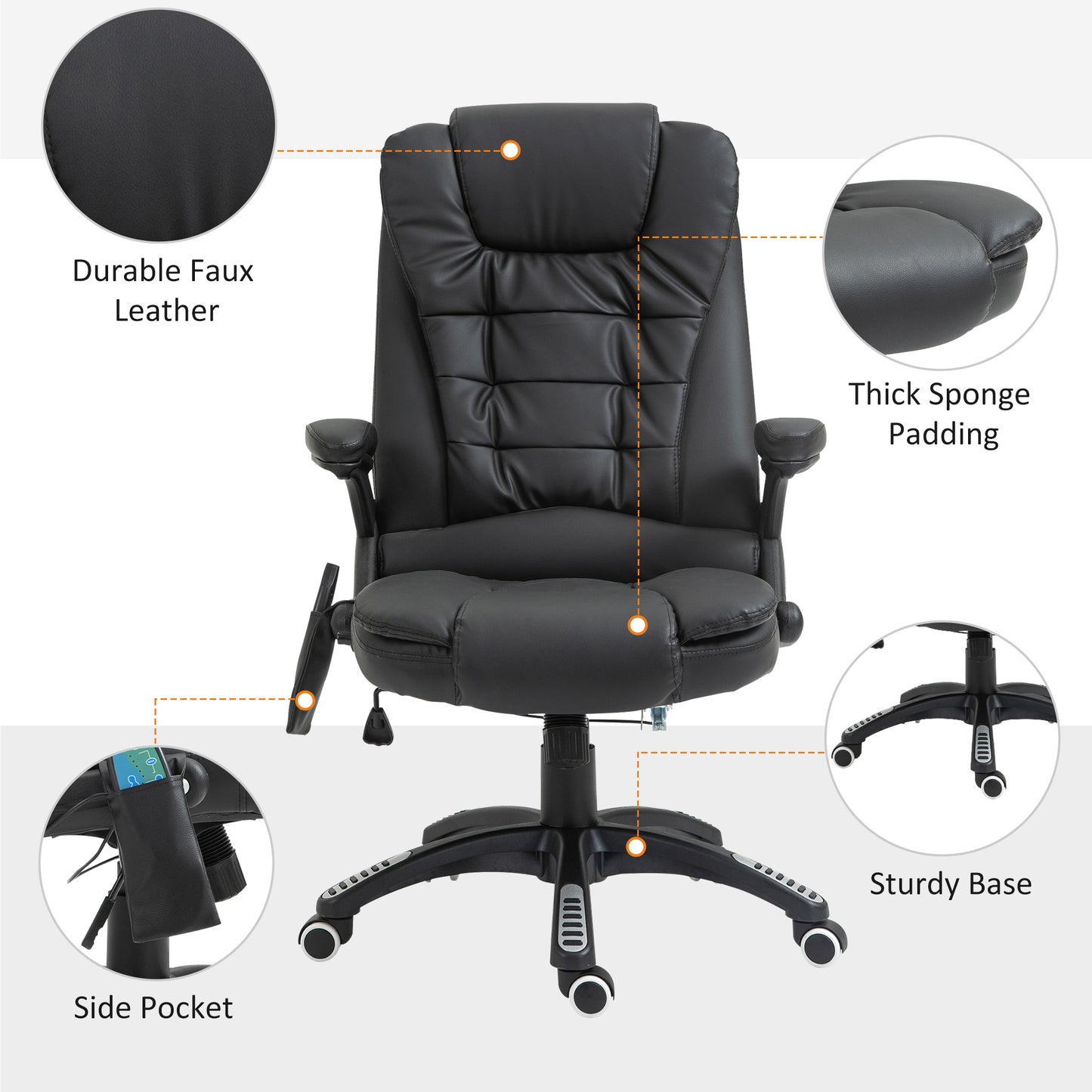 Executive Office Chair with Massage and Heat, High Back PU Leather Massage Office Chair With Tilt and Reclining Function, Black