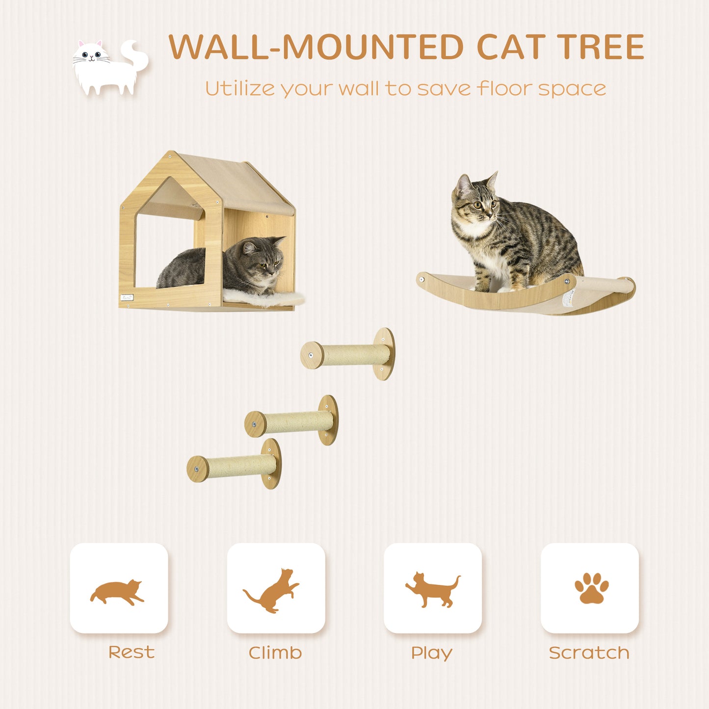 Cat Wall Shelves, with Condo Hammock Scratching Post, Oak