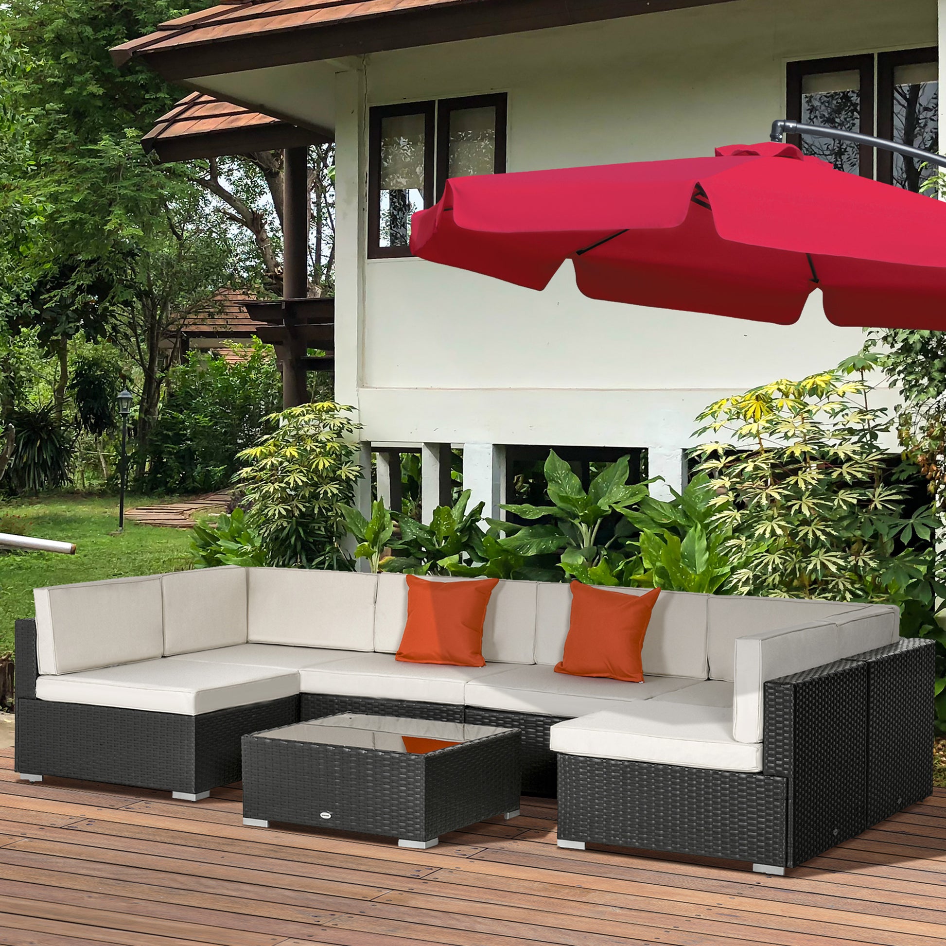 Outsunny 7 PC Garden Rattan Furniture Set Patio Outdoor Sectional Wicker Weave Sofa Seat Coffee Table w/Cushion, Pillow Buckle Structure Dark Coffee