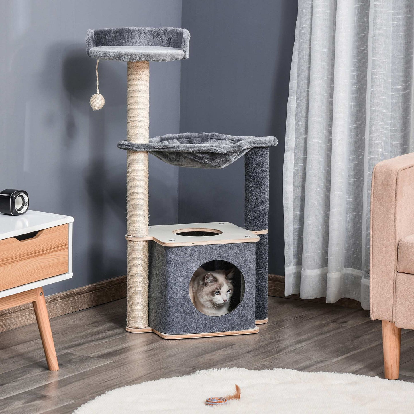 95cm Cat Tree Cat Tower Scratching Post Climbing Tree for Kitty w/Removable Felt Activity Center Grey