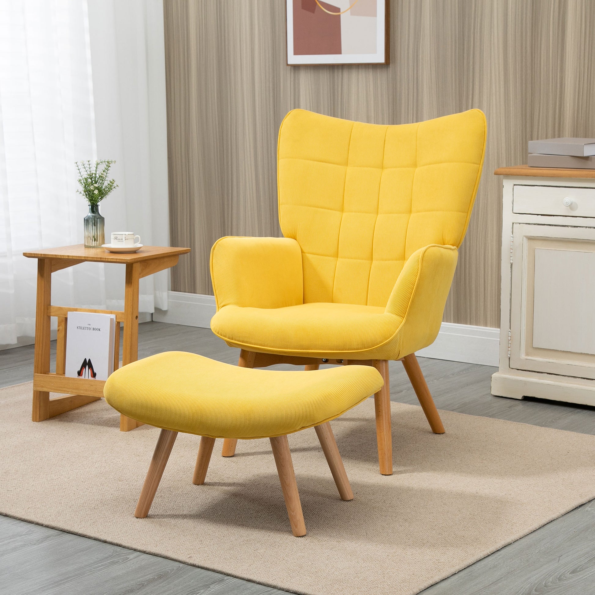 HOMCOM Accent Chair with Ottoman, Living Room Chairs with Steel Frame, Wooden Legs for Study, Bedroom and Home Office, Yellow 