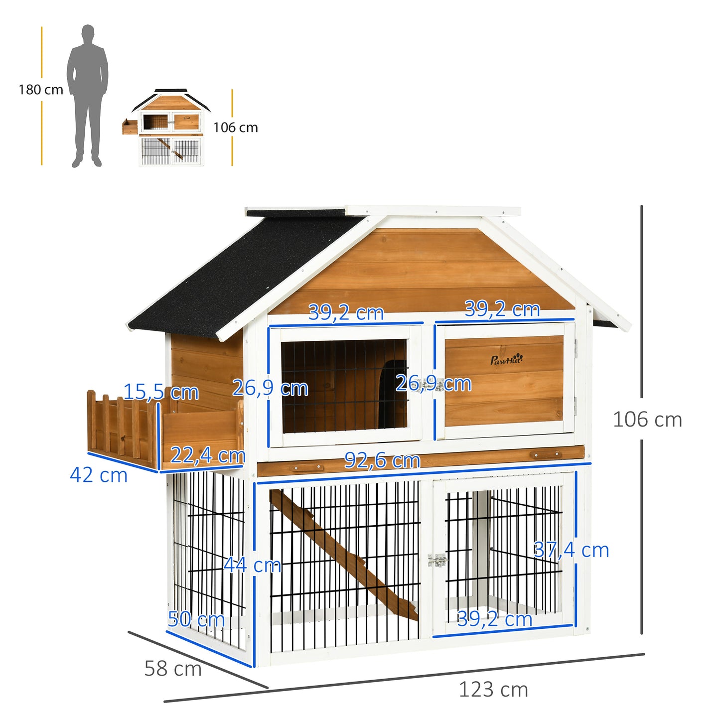 2 Tier Wooden Rabbit Hutch, Guinea Pig Cage, Bunny Run, Small Animal House with Plant Box 123 x 58 x 106cm, Natural