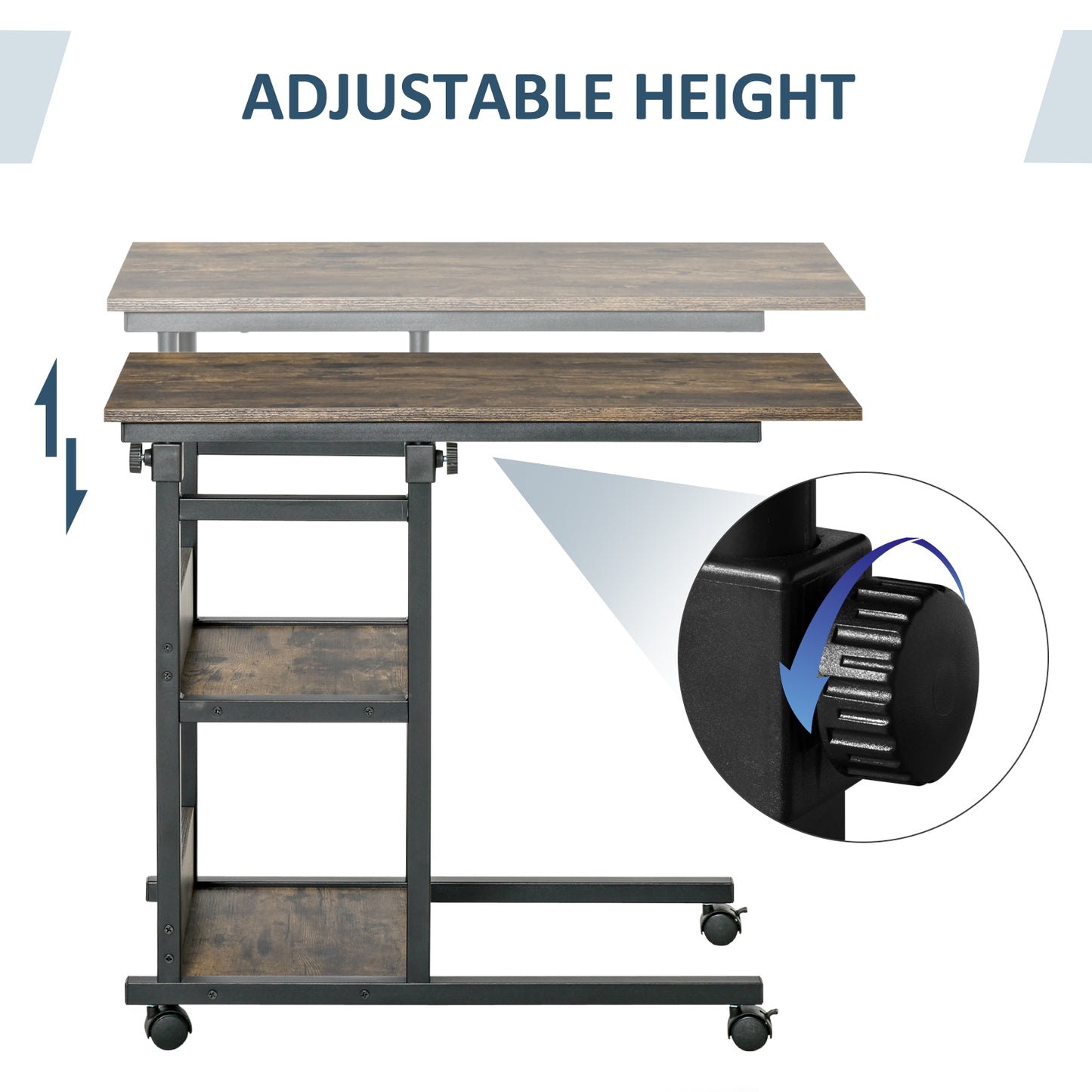 Industrial C-Shaped Side Table, Mobile Rolling Sofa Side Table with 3-Tier Storage Shelving, Adjustable Height, Wheels