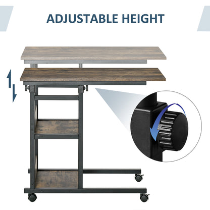 Industrial C-Shaped Side Table, Mobile Rolling Sofa Side Table with 3-Tier Storage Shelving, Adjustable Height, Wheels