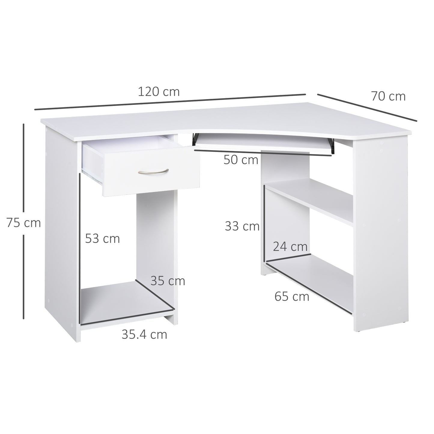 L-Shaped Corner Computer Desk & 2-Tier Side Shelves Wide Table Top with Keyboard Tray, Drawer & CPU Stand    Aosom IE