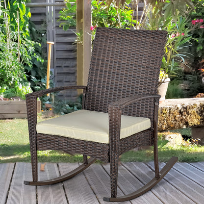 Outsunny Rattan Rocking Chair Rocker Garden Furniture Seater Patio Bistro Relaxer Outdoor Wicker Weave with Cushion - Brown Recliner 