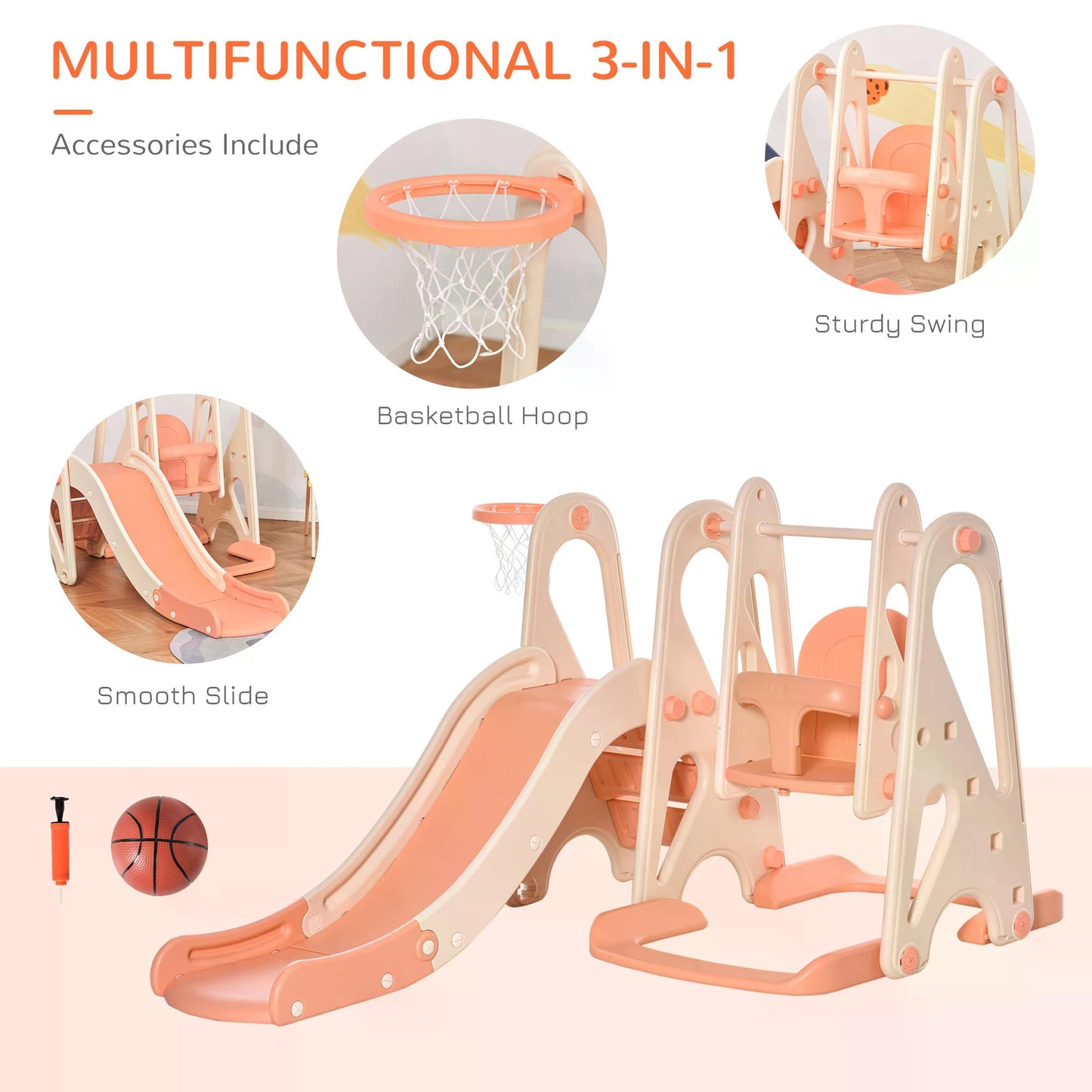 3 in 1 Design Slide and Swing Set with Basketball Hoop Toddler Playground Play Set Fun Climber Set Activity Center Pink