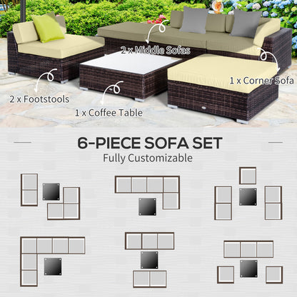 6 PC Rattan Sofa Coffee Table Set Sectional Wicker Weave Furniture for Garden Outdoor Conservatory w/Pillow Cushion Brown