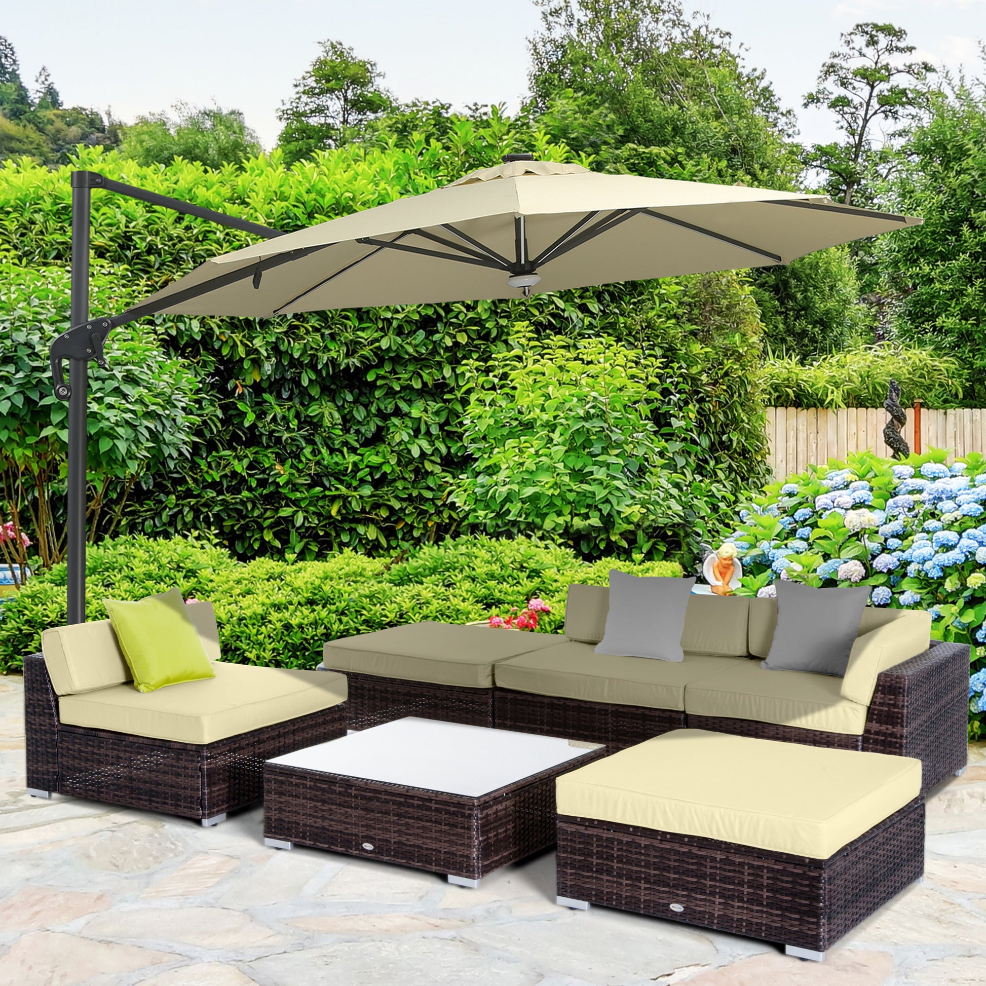 Outsunny 6 PC Rattan Sofa Coffee Table Set Sectional Wicker Weave Furniture for Garden Outdoor Conservatory w/Pillow Cushion Brown