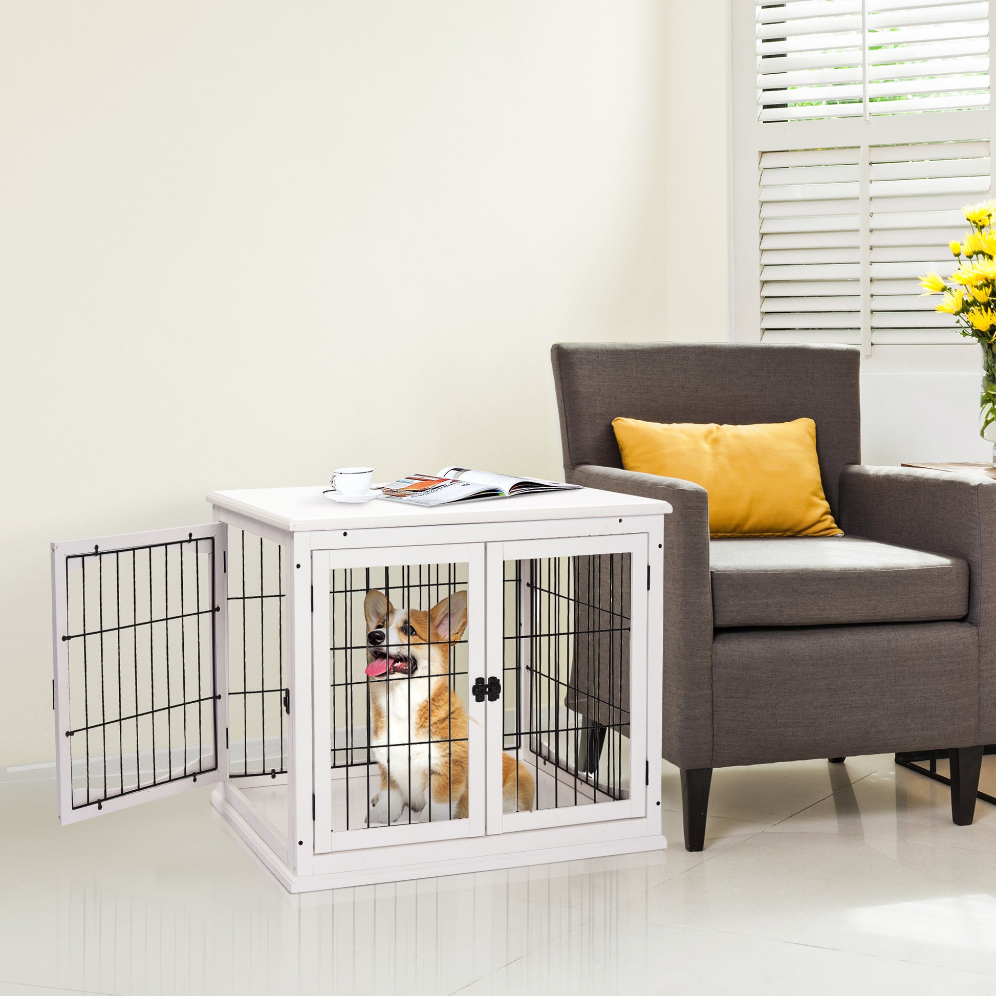 PawHut MDF 3-Door Small Indoor Pet Cage White 