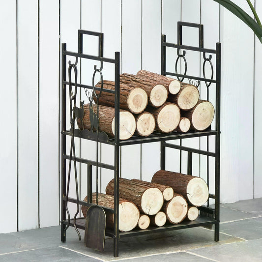 Outsunny 2-Layer Heavy Duty Firewood Rack Wood Log Fireplace Stacker  w/ 4 Tools, Gold