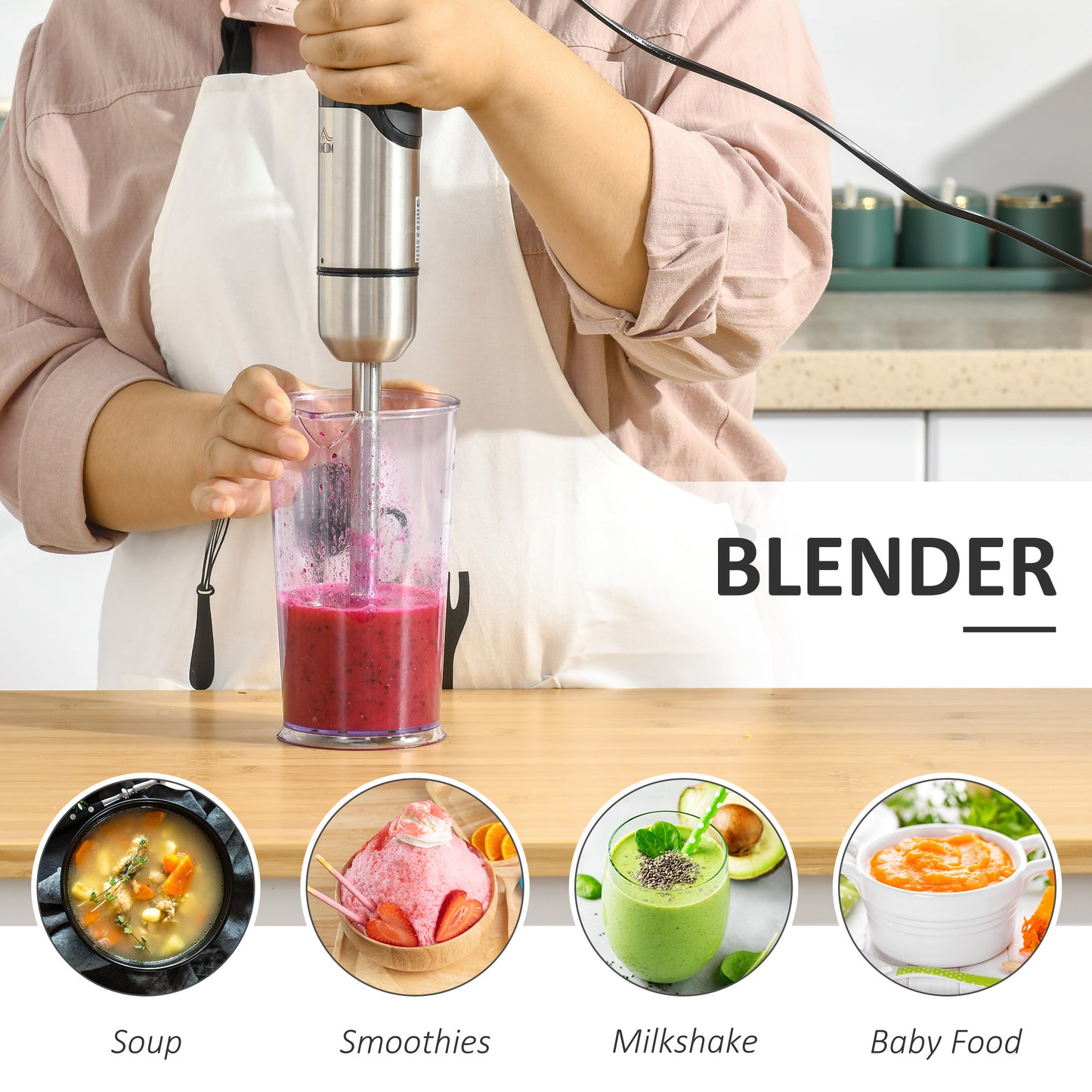 Hand Blender Currys 1000W, 4 In 1 with Measuring Cup, Egg Whisk, Chopper Bowl, Blender for Smoothies