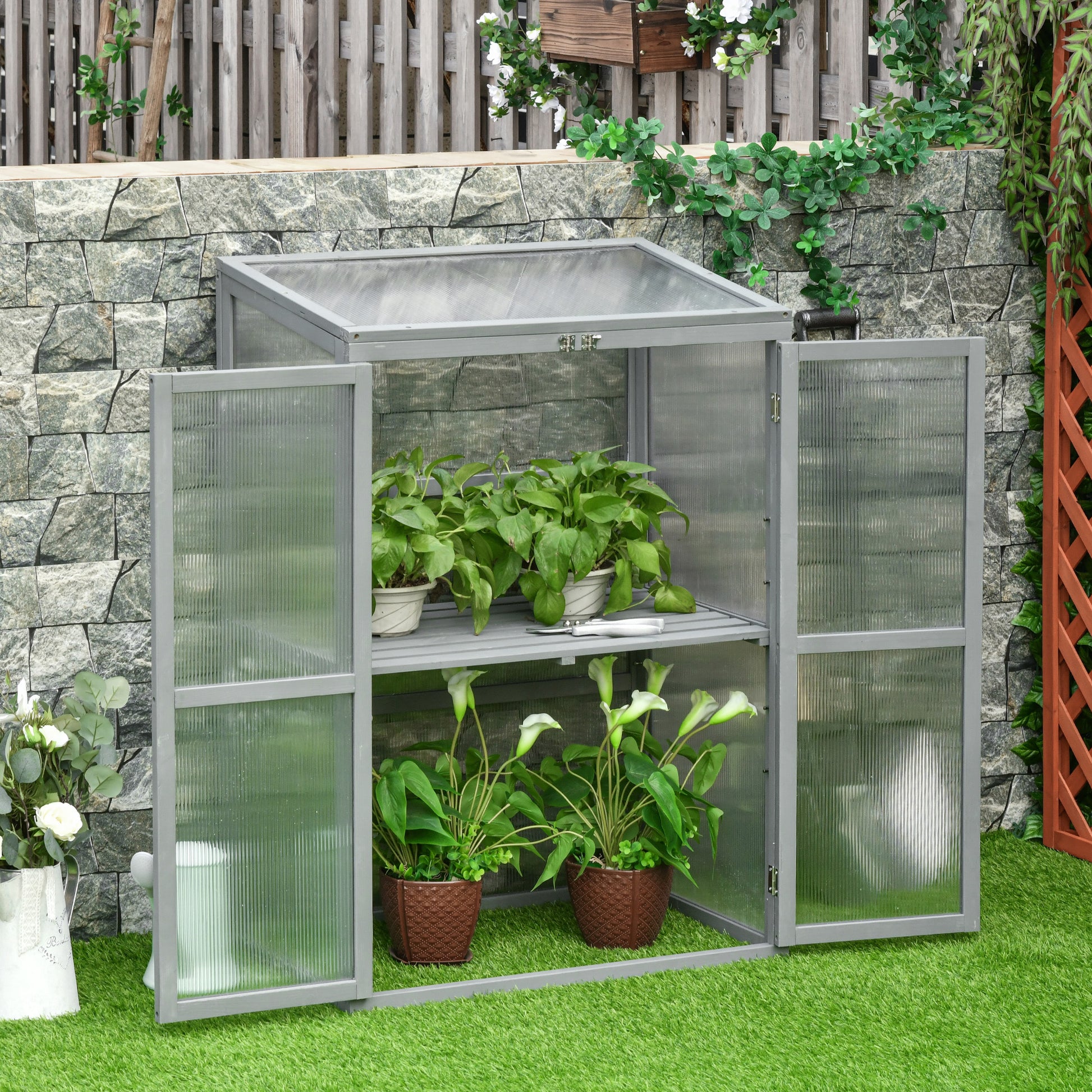 Outsunny Garden Polycarbonate Cold Frame Greenhouse Grow House Flower Vegetable Plants w/ Adjustable Shelf, Double Doors 